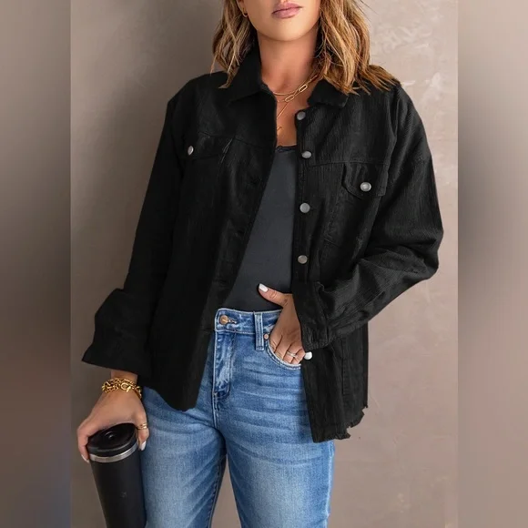Raw Hem Button Front Corduroy Jacket